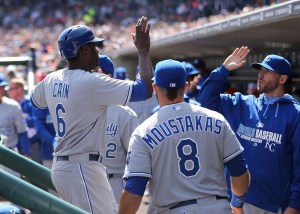Lorenzo Cain after scoring for the Royals